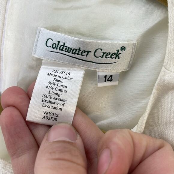 COLDWATER CREEK Cream White / Black Floral Embroidered Linen Blend Dress Size 14 - Picture 4 of 7